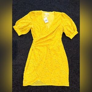Lush Wrap Dress Mini Yellow White Black Polka Dots‎ Short Balloon Sleeves Size S